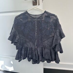 Anthropologie purple mauve Ruffled Blouse with a beautiful floral bead pattern